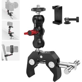 Camera Clamp Mount with Dual Ballhead Magic Arm, Aluminum Camera Mount Clamp Kit for DSLR Action Camera/Phone/Monitor/LED Light/Microphone, Super Clamp for Desk/Tripod/Tube/Crossbar (SY001)