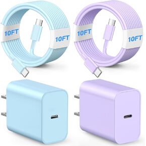 Phone Chager Fast Charging, 20W USB C Charger, 10FT Appple Fast Charging Cord, 2Pack Type C Charger for i Phone 16/16 Pro/16 Pro Max/15/15 Plus/15 Pro/15 Pro Max - Blue and Purple