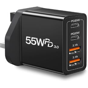 UK Travel Plug Adapter, Type G Plug Adapter 55W 4 Port UK USB C Charger Fast Charging Block UK Ireland Plug Charger for iPhone 16 15 14 13 12 11 Pro Max XS X 8, Galaxy, Pixel, Android