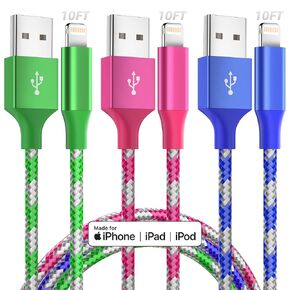 شاحن iPhone Fast Charging 3 Pack 10 Ft Lightning Cable Cable Cable Charger Cable Nylon مضفر Long iPhone سلك متوافق مع iPhone 14 13 12 11 X Pro Max Plus SE والمزيد
