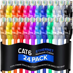 Maximm Cat 6 Ethernet Cable 6 FT ، 100 ٪ COPPER PUER ، CAT6 Cable (24 Pack) LAN ، كابل الإنترنت ، كابل التصحيح وكابل الشبكة - UTP (متعدد الألوان) 6 أقدام in Kuwait