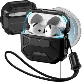 Compatible with AirPods 4 Case, Rugged TPU Double-Layer Cover, Powerful Shockproof Full Protection with Lanyard, Reinforced Magnetic Lid Lock for AirPods 4th Generation case(Black+Black)