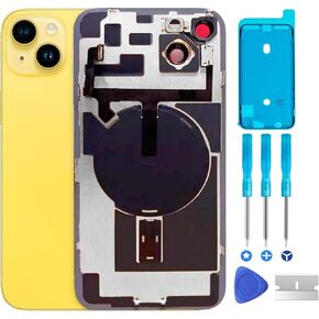 Original Compatible with iPhone 14 Plus Back Glass Replacement & with Plate & Flex Cable and All Parts, Pre-Installed Camera Frame for iPhone 14 Plus + Repair Tools (Yellow)