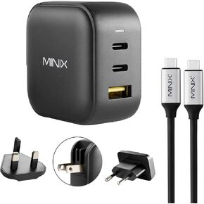 MINIX NEO P1 66W Turbo 3-Port GaN Wall Charger 2 x USB-C, 1 x USB-A 3.0 with 4 Feet (120cm) USB-C to USB-C Cable for MacBook, Windows Laptop, iPad, and Smartphone. Sold Directly by MINIX.