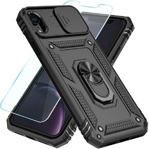 SunStory Compatible with iPhone XR Case with HD Screen Protector & Slide Camera Cover & Rotated Ring Kickstand, [Military-Grade] Phone Case for iPhone XR (Red)