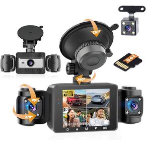 Hikity 4 Channel Dash Cam for car, 360° View Front and Rear Inside 1080P Camera with 64G Card, Night Version, Loop Recording, G-Sensor, 24H Parking Monitor