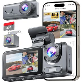 3 Channel Dash Cam for Cars Front Rear Inside, 1080P WiFi Dash Cam w/ 32GB Card, 2.0" IPS Screen Dashboard Camera Recorder with App Control, G-Sensor, Loop Recording, Night Vision, Parking Monitor