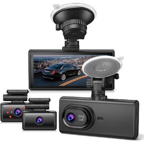 4K 3 قناة DASH CAM مع بطاقة 64 جيجابايت ، 4 بوصات شاشة اللمس المدمجة في 5G WIFI & GPS DASH CAM الأمامي والخلفي داخل 4K+1080P+1080P ، الرؤية الليلية الأشعة تحت الحمراء ، زاوية واسعة 170 درجة ، WDR ، وضع وقوف السيارات ، G-SENSOR
