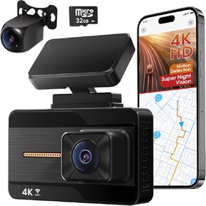 JOH DASH CAM الأمامي والخلفي ، 4K+1080P DASH CAMERATION WIFI GPS مع بطاقة TF 32GB ، التطبيق ، كاميرا داش اللاسلكية مع رؤية WDR الليلية ، تسجيل حلقة ، مستشعر G.