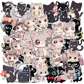 50PCS Cute Cat Stickers for Kids Girls Teen Adults, Kawaii Kitten Stickers, Waterproof Vinyl Cartoon Cat Decals for Water Bottle, Laptop, Luggage, Scrapbook, Birthday Gifts