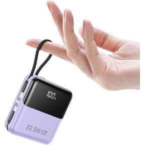 Small Portable Charger with Built in Cable, 10000mAh Smart LED Display Mini Power Bank,USB C Input/Output Fast Charging Cell Phone Battery Pack,for iPhone 16/15 /14/13/Samsung/Android/Tablet.