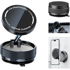 Vacuum Suction Magnetic Car Phone Holder Mount Fit All Phones,Adjustable Phone Holders for Your Car,Mechanical Knob No Need Charging,Metal Ring Stick Outside if Case Non-Magnetic (Black)
