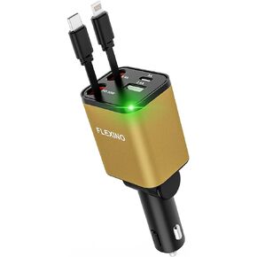 Flexino Retractable Car Charger 4 in 1, Car Charger for iPhone 16, USB C Car Charger, 69W Fast Charging Car Charger, Compact Car Phone Charger, Fit for iPhone 16/15/14/13/12, Samsung, Golden