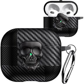 for AirPods Pro 2nd Generation Case Skull with Lock & Keychain for Men, Funny Carbon Fiber Full Body Shockproof Hard Shell Protective Skeleton Cover for Airpods Pro 2 KLT Black