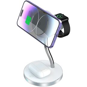 REFLEX CAMERA 4 in 1 Wireless Magnetic Charger Station for iPhone/iWatch/Airpods Bedside/Desktop 3 in 1 Stand + LED Lamp, Fast 15W Charging, Works with iPhone 16 pro, 16, 15 14, 13,12,11- White