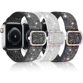 3 Pack Bling Nylon Watch Bands Compatible With Kids Apple Watch Bands 38mm 40mm 41mm 42mm 44mm 45mm 46mm, Elastic Stretchy Nylon Strap for iWatch Series 10 9 8 7 6 5 4 3 2 1 SE SE2 Girls Boys