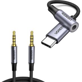 UGREEN USB C to 3.5mm Audio Adapter Type C to Headphone Aux Jack Dongle 24bit/96kHz Bundle with 3.5mm Audio Cable Braided 4-Pole TRRS 3FT