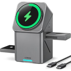 LOBKIN 3 in 1 Charging Station for Apple, Wireless Charging Station with Auto Rotation, Charger Stand for iPhone 16/15/14/13/12, Apple Watch, AirPods
