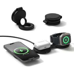 Satechi OntheGo™ 3 in 1 Wireless Charger, Qi2 Portable Charger with 15W Fast Charging for iPhone, 5W for Apple Watch, and 5W for AirPods, Magnetic Travel Charging Station – Black