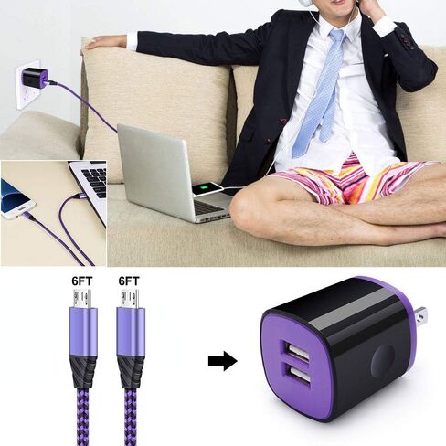 Charger Plug, Charging Block, Dual USB Wall Charger with 2 Pack Micro USB Cable Android Charger Cord Compatible for Samsung Galaxy J7V J8, J7 Crown/Prime/Star/Sky Pro/Refine, S7 S6 Plus/Edge/Active in Saudi Arabia