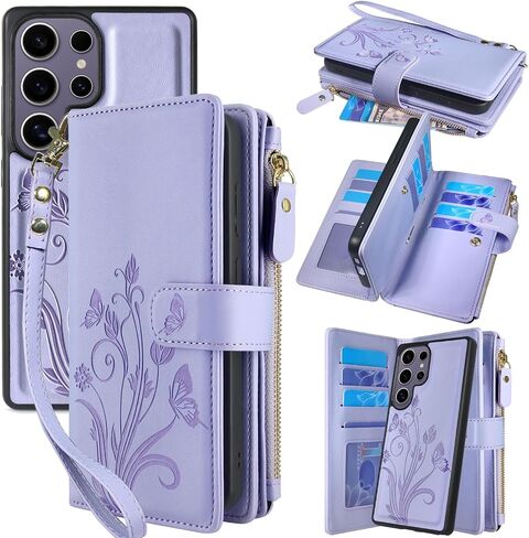 Lacass Case Wallet for Samsung Galaxy S25 Ultra, [12 Card Slots] ID Credit Cash Holder Zipper Pocket Detachable Leather Wallet Cover with Wrist Strap Lanyard（Floral Light Purple） in Saudi Arabia