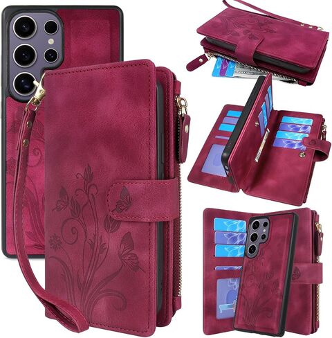 Lacass Case Wallet for Samsung Galaxy S25 Ultra, [12 Card Slots] ID Credit Cash Holder Zipper Pocket Detachable Leather Wallet Cover with Wrist Strap Lanyard（Floral Light Purple） in Saudi Arabia