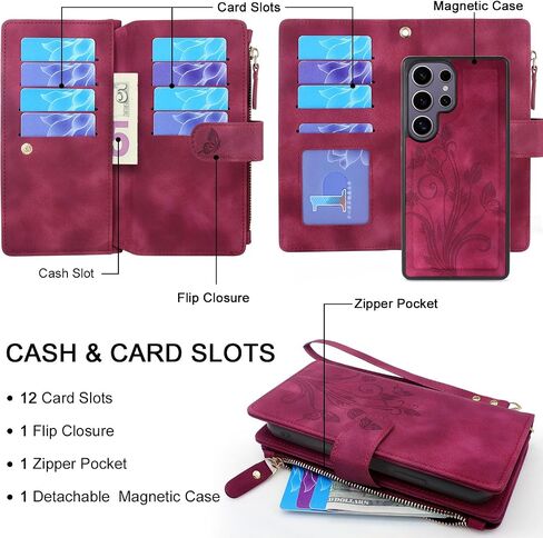 Lacass Case Wallet for Samsung Galaxy S25 Ultra, [12 Card Slots] ID Credit Cash Holder Zipper Pocket Detachable Leather Wallet Cover with Wrist Strap Lanyard（Floral Light Purple） in Saudi Arabia