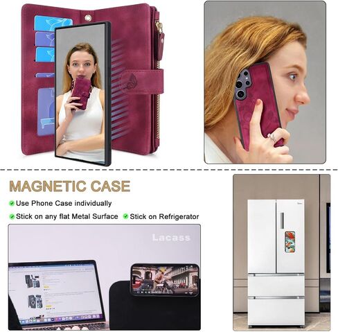 Lacass Case Wallet for Samsung Galaxy S25 Ultra, [12 Card Slots] ID Credit Cash Holder Zipper Pocket Detachable Leather Wallet Cover with Wrist Strap Lanyard（Floral Light Purple） in Saudi Arabia