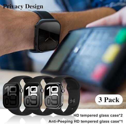 3-Pack Privacy Apple Watch Series 10 46mm case,Unti-Peep Hard PC Bumper Tempered Glass Screen Protector for iWatch Scratch-Resistant Accessories Cover(Privacy Black+Black+Clear in Kuwait