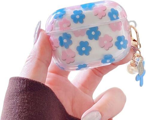 Earphone Case for AirPods 4, Beautiful Elegant Flower Floral Case Soft Silicone Case, Transparent Clear AirPods 4 Cover Protective Case Skin Shockproof Protector for Earbuds +Keychain-Blue in Saudi Arabia