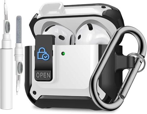 Secure Lock Case Cover Compatible with Airpod 4 Case 2024 with Cleaner Pen Keychain Rugged Armor Shockproof Protective Hard Cover Shell - Black/White in Saudi Arabia