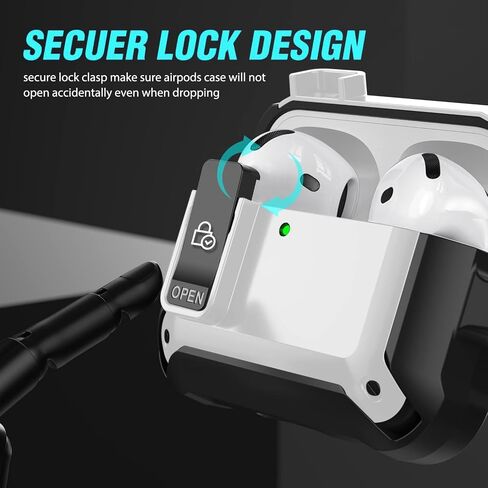 Secure Lock Case Cover Compatible with Airpod 4 Case 2024 with Cleaner Pen Keychain Rugged Armor Shockproof Protective Hard Cover Shell - Black/White in Saudi Arabia