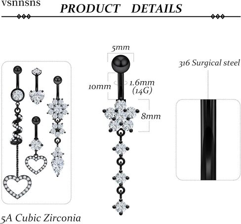 Vsnnsns Belly Button Ring Dangle Belly Rings 14G Stainless Surgical Steel Reverse Belly Button Piercing Heart CZ Flower Belly Rings Dangling Belly Button Ring Navel Piercing Jewelry for Women in Kuwait