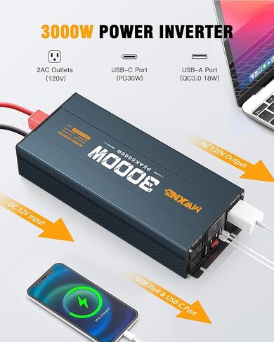 1500W Power Inverter, 12V DC to 120V AC Converter with Dual AC Outlets,QC3.0 18W USB and 30W Type-C, Car Inverter for Truck RV Home - Navy Blue/Black in Kuwait