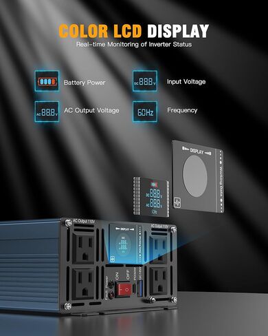 1500W Power Inverter, 12V DC to 120V AC Converter with Dual AC Outlets,QC3.0 18W USB and 30W Type-C, Car Inverter for Truck RV Home - Navy Blue/Black in Kuwait