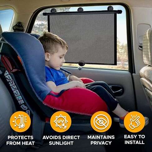 EcoNour Car Window Shades for Baby (2 Pack) | Retractable Shade for Car Side Window | PVC with 4 Suction Cups | Large Clips for Durability | Baby Car Travel Accessories (18" x 17") in Saudi Arabia