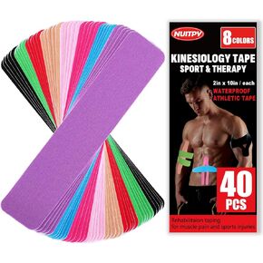 40PCS Precut Kinesiology Tape Strips, 8 Colors 2 inch x 10 inch Cotton Athletic Tape, Kinetic Tape, Elastic Muscle Tape, Sports Tape, Knee Tape for Exercise and Daily Use