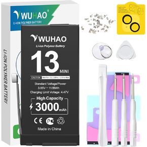 WUHAO for iPhone 13 Mini Battery, [Upgraded] 3000mAh for iPhone 13 Mini A2628 A2481 A2626 A2629 A2630 Replacement Battery with [Camera Lens Protector]+ [Set of Screws]+ Professional Repair Tool Kit