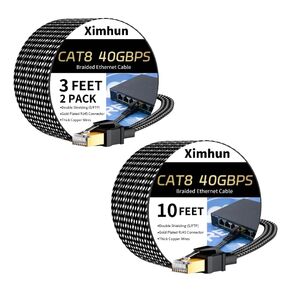 Cat 8 Ethernet Cable 3FT 2Pack and 10FT, High-Speed Braided Internet Cable Network Cord with RJ45 Connector 40Gbps 2000Mhz Heavy Duty LAN Cable Shielded Indoor