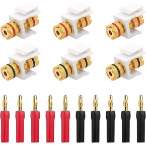 VCE 6-Pack Banana Jack Binding Post Keystone Jack Insert with Black & Red Rings Bundle with 10-Pack 4mm Speaker Banana Plugs