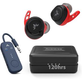 Avantree Relay & Tw106 - محول Bluetooth 5.3 Premium Airplane ، يدعم 2 عدوان أو سماعات الرأس وسماعات الأذن اللاسلكية المنخفضة APTX مع زعانف الأذن لتشغيل تمارين الرياضة ، و Sweatproof