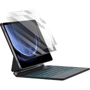 JUQITECH Magic Keyboard Case for Samsung Galaxy Tab S9 FE 5G 10.9" S9 11" and 2 Pack Screen Protector, Floating Cantilever Magnetic Stand, Wireless Backlit Multi-Touch Trackpad, Shortcut Keys