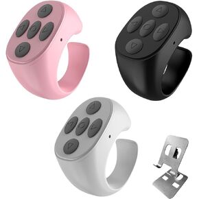 Scrolling Ring Remote for TikTok, Kindle, YouTube & Instagram – Bluetooth Finger Scroller for iPhone, Android – Page Turner Clicker & Fingertip Wireless Phone Control (B+W+P-Silver Bracket)