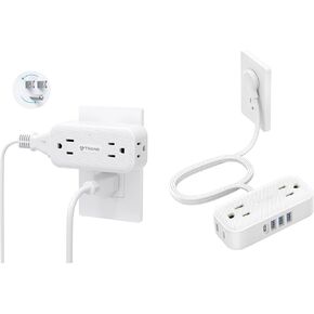 TROND Travel Power Strip with USB Ports, 5ft Flat Plug Extension Cord + Surge Protector Outlet Extender with 360 Rotating Plug, 4 AC Plug Adapter