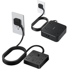 Surge Protector Flat Plug Power Strip, Black Extension Cord 5 FT with 3 USB Charger (1 USB C), Multiple Outlets Charging Station for Home, Office, College Dorm Room