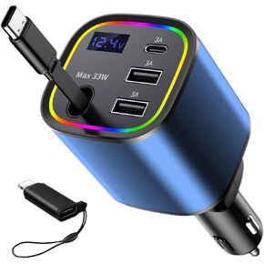 Retractable Car Charger, 4 in 1 Fast Car Charger 78W, with Type C, 2 USB-A Ports and 1 USB-C Port for Fast Charging, Compatible with iPhone 16/15/14/13/12/11, Galaxy, Pixel (Blue)
