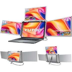 YUTOO Triple Laptop Screen Extender, [M1/M2/M3/Windows] [Only 1 Cable to Connect],Laptop Monitor Extender for Mac/Windows, 1080P | FHD IPS | Ultra-Thin Bezel, Powered by Type-C/USB (14" Quad Screen)