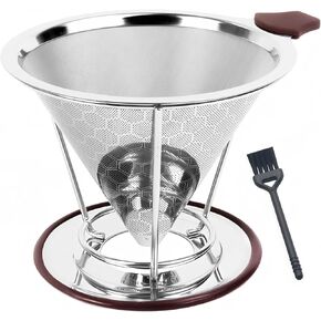 Pour Over Coffee Dripper - 304 Stainless Steel Filter, Paperless & Reusable Dual-Layer Metal with Base, 800 Mesh Steel Cone Filter, for 1-6 Cups Brew Coffee Maker