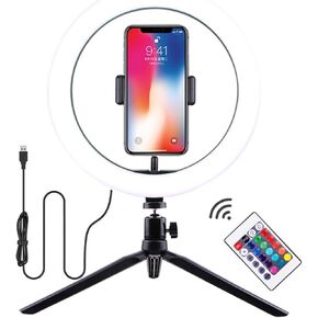 10'' Selfie Ring Light with Stand and Phone Holder,16 Colors RGB Ring Light with Tripod Stand Camera Remote Shutter Dimmable 4 Modes LED Light for Makeup,YouTube, Photography,Live Streaming TIK Tok