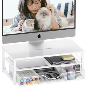 2-Tier Computer Monitor Stand Riser with Drawer, Desk Organizers and Accessories, Office Desk Accessories, Computer Monitor Accessories, Workspace Desktop Organizer for Office Supplies (White)